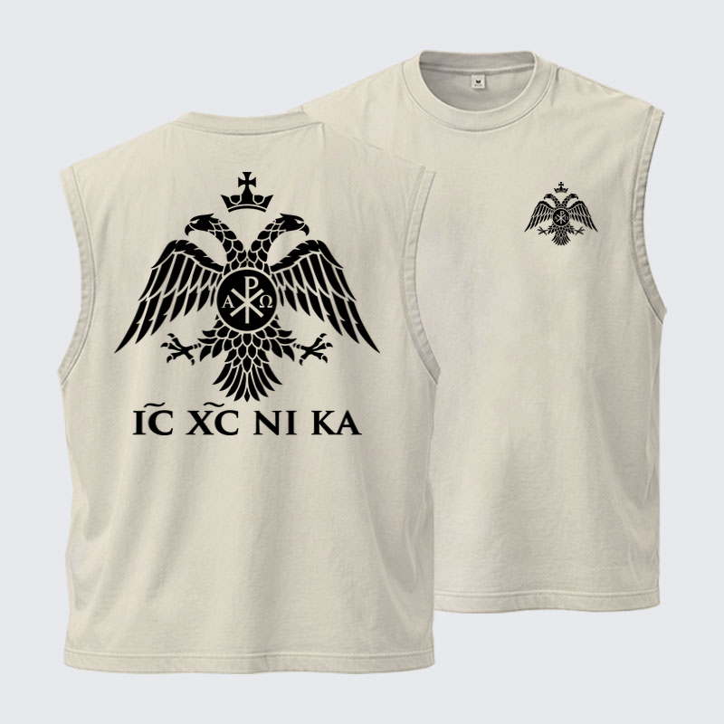 Washed Tank Top - IC XC NIKA – Chi-Rho Double-Headed Eagle - Beige (front and back)