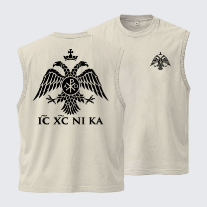 Washed Tank Top - IC XC NIKA – Chi-Rho Double-Headed Eagle - Beige (front and back)