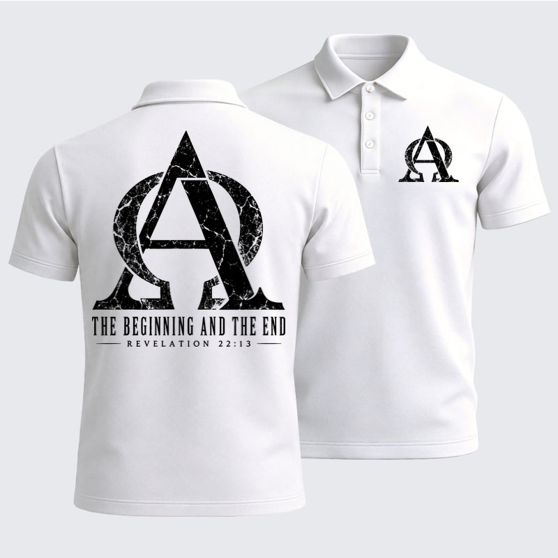 Men’s Premium Cotton Polo Shirt - Alpha & Omega – The Beginning and the End - White (front and back)