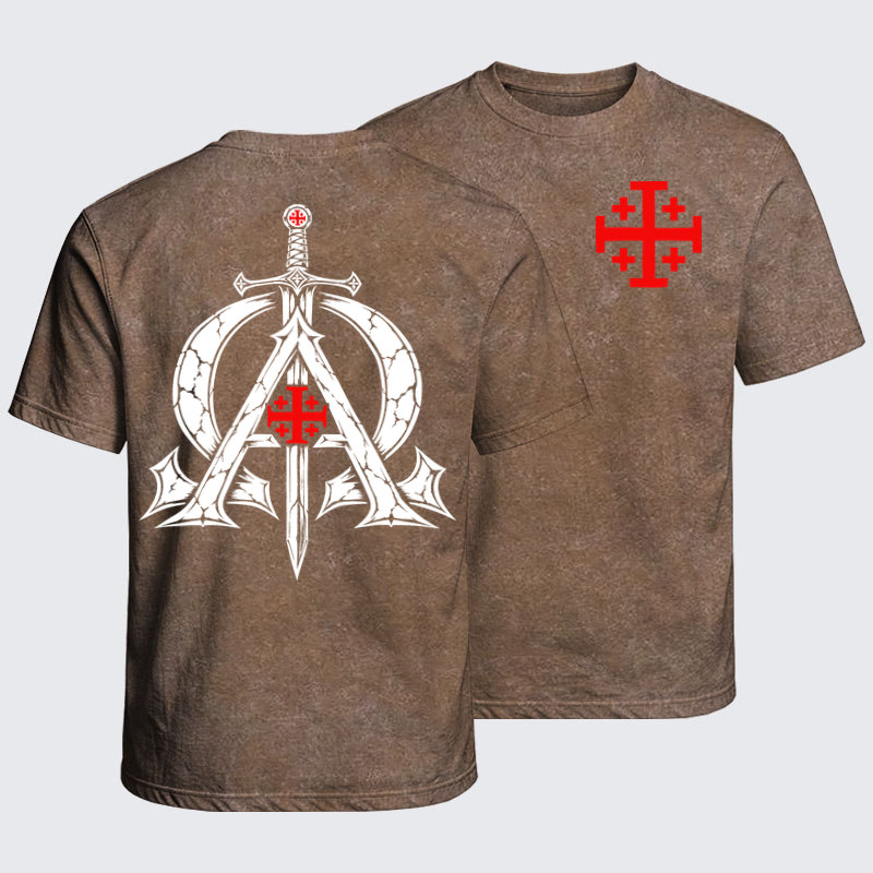 Washed T-Shirt - Alpha & Omega – Revelation 22:13 Christian Warrior - Coffee (front and back)