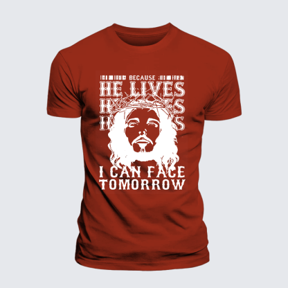 Because He Lives Jesus God Christian Premium Mercerized Cotton Tee