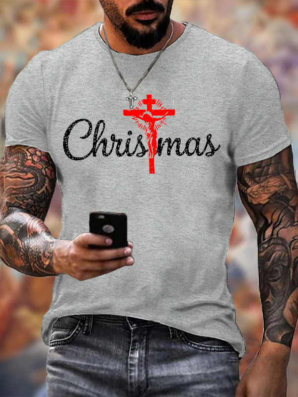 Retro Christmas Cross Jesus God Christian Cotton T-Shirt