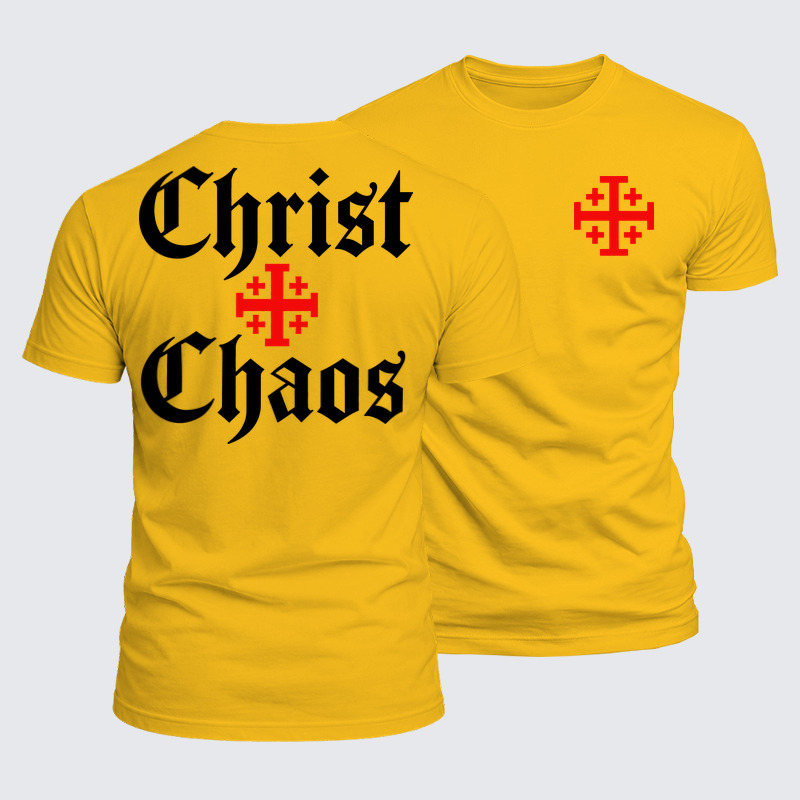 Luxe Mercerized Cotton Tee - Christ Or Chaos Jerusalem Cross - Golden Yellow (front and back)