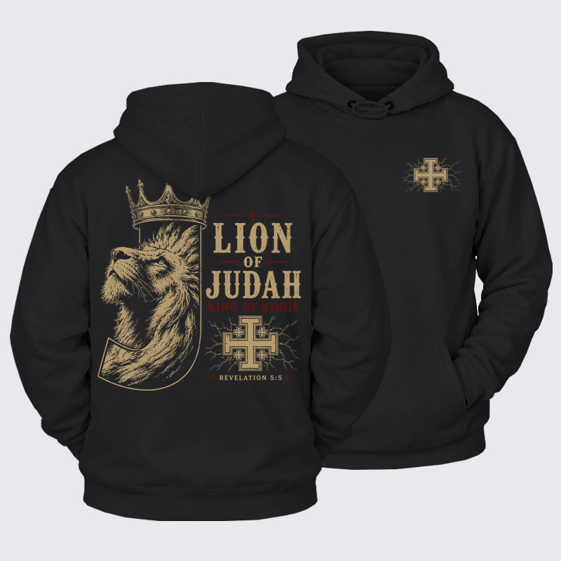Plush Fleece-Lined Hoodie - Lion of Judah - Black (front and back)