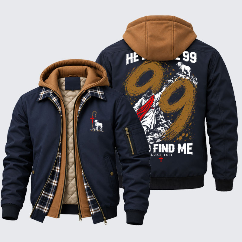 Hooded Bomber Jacket - He Left The 99 - Lost Sheep Cross - Navy (front and back)