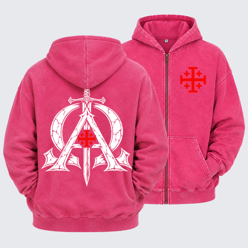 Washed Zip-Up Hoodie - Alpha & Omega – Revelation 22:13 Christian Warrior - Pink (front and back)
