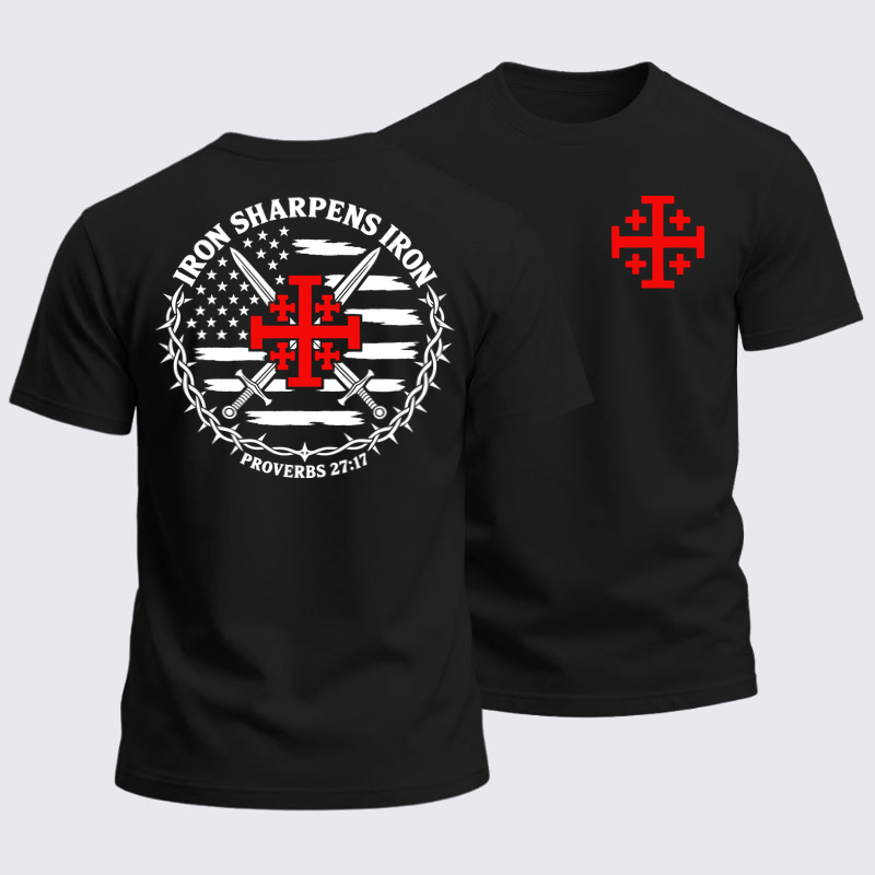 Heavyweight Cotton Tee - Iron Sharpens Iron – Jerusalem Cross & American Flag - Black (front and back)