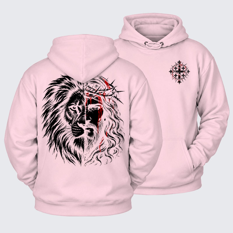 Plush Fleece-Lined Hoodie - Lion of Judah & Jesus – Crown of Thorns - Light Pink (front and back)