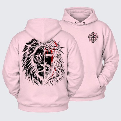 Plush Fleece-Lined Hoodie - Lion of Judah & Jesus – Crown of Thorns - Light Pink (front and back)