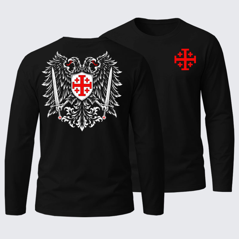 Long Sleeve Cotton Tee - Jerusalem Cross – Christian Double-Headed Eagle Warrior - Black (front and back)
