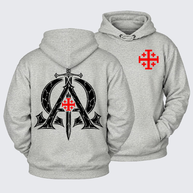 Plush Fleece-Lined Hoodie - Alpha & Omega – Revelation 22:13 Christian Warrior - Light Heather Gray (front and back)