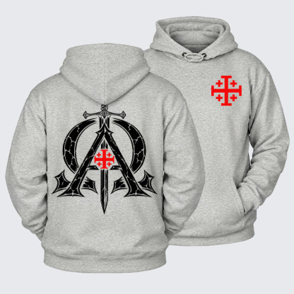 Plush Fleece-Lined Hoodie - Alpha & Omega – Revelation 22:13 Christian Warrior - Light Heather Gray (front and back)