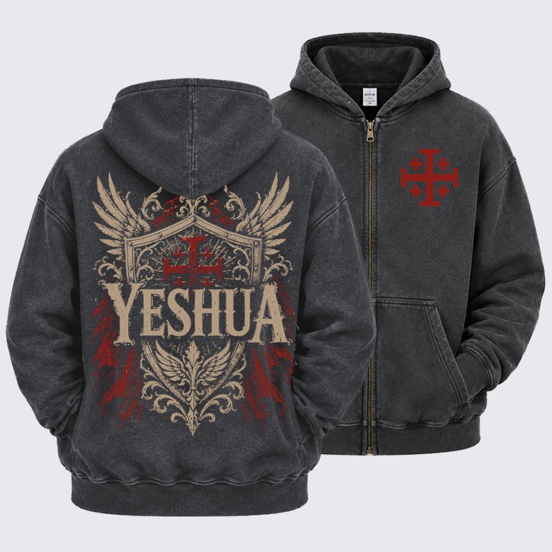 Washed Zip-Up Hoodie - Yeshua – King of Kings - Black (front and back)