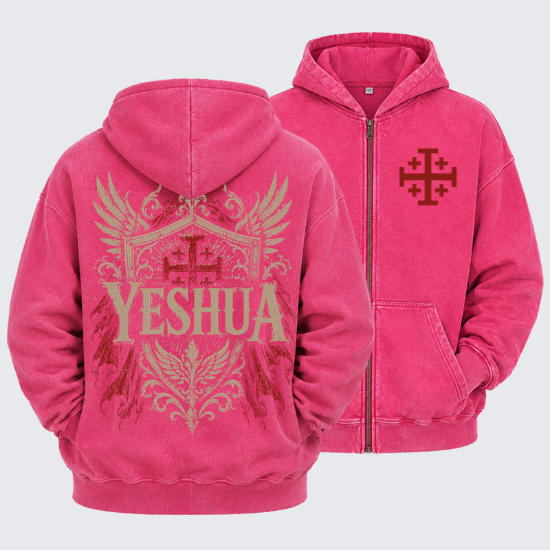 Washed Zip-Up Hoodie - Yeshua – King of Kings - Pink (front and back)