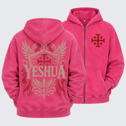 Washed Zip-Up Hoodie - Yeshua – King of Kings - Pink (front and back)
