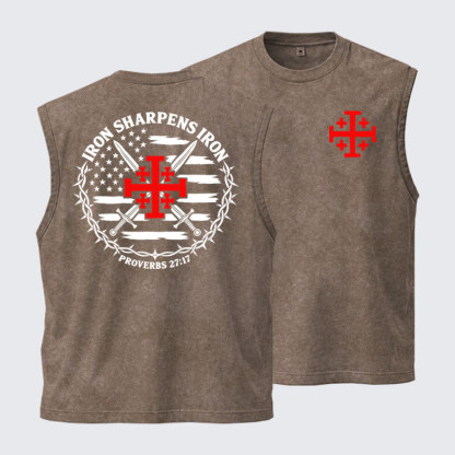 Washed Tank Top - Iron Sharpens Iron – Jerusalem Cross & American Flag - Coffee (front and back)