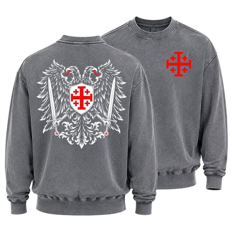 Washed Sweatshirt - Jerusalem Cross – Christian Double-Headed Eagle Warrior - Grey (front and back)
