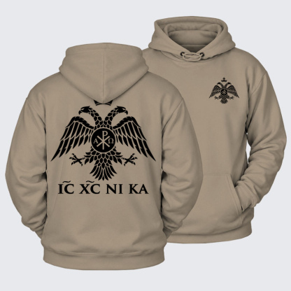 Plush Fleece-Lined Hoodie - IC XC NIKA – Chi-Rho Double-Headed Eagle - Gray Coffee (front and back)