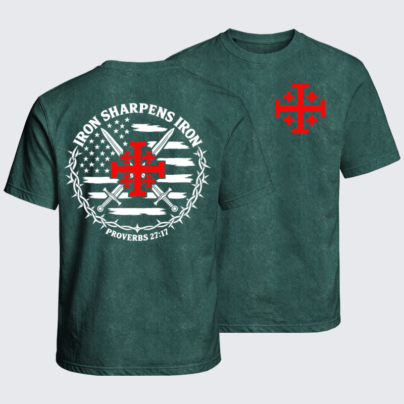 Washed T-Shirt - Iron Sharpens Iron – Jerusalem Cross & American Flag - Dark Green (front and back)