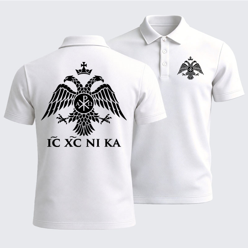 Men’s Premium Cotton Polo Shirt - IC XC NIKA – Chi-Rho Double-Headed Eagle - White (front and back)