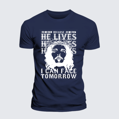 Because He Lives Jesus God Christian Premium Mercerized Cotton Tee