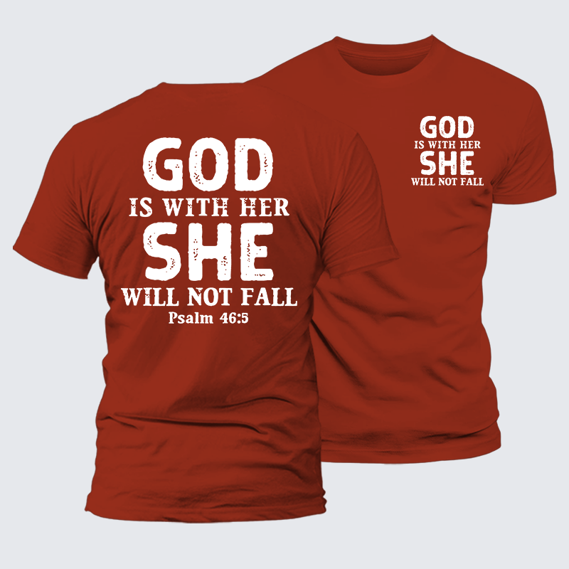 God Is With Her, She Will Not Fall Jesus God Christian Premium Mercerized Cotton Tee