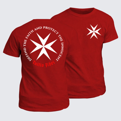 Classic Cotton Tee - Defend the Faith, Protect the Innocent Christian Knighti – Tuitio Fide - Red (front and back)
