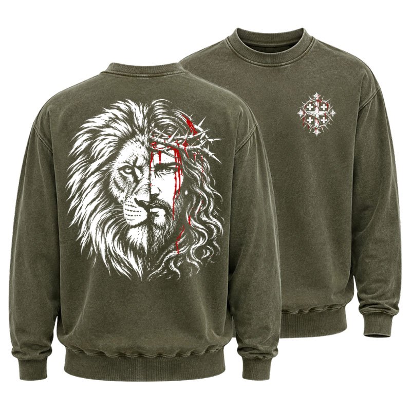 Washed Sweatshirt - Lion of Judah & Jesus – Crown of Thorns - Army Green (front and back)