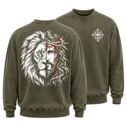 Washed Sweatshirt - Lion of Judah & Jesus – Crown of Thorns - Army Green (front and back)