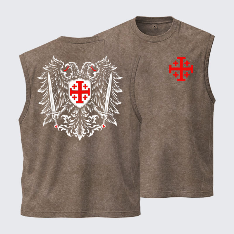 Washed Tank Top - Jerusalem Cross – Christian Double-Headed Eagle Warrior - Coffee (front and back)
