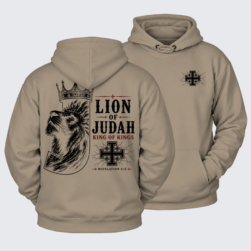 Plush Fleece-Lined Hoodie - Lion of Judah - Gray Coffee (front and back)