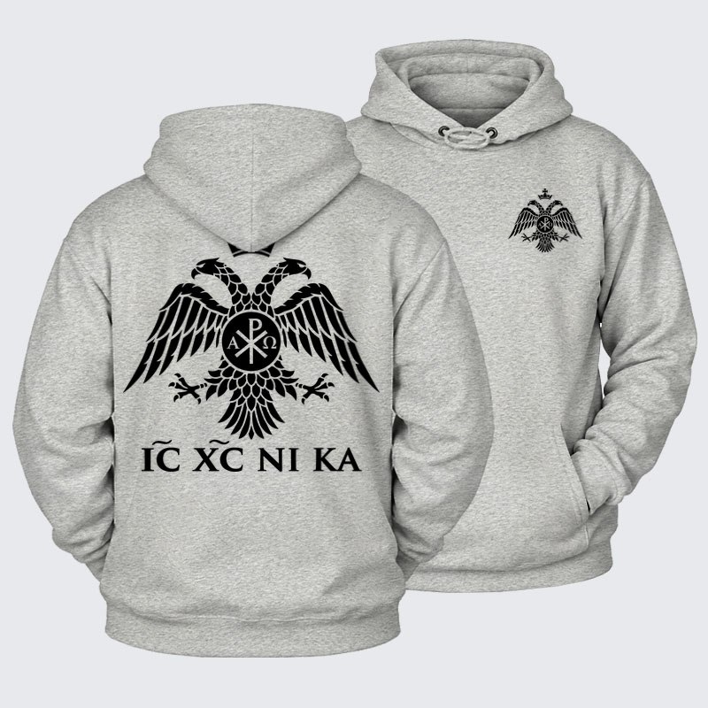 Plush Fleece-Lined Hoodie - IC XC NIKA – Chi-Rho Double-Headed Eagle - Light Heather Gray (front and back)