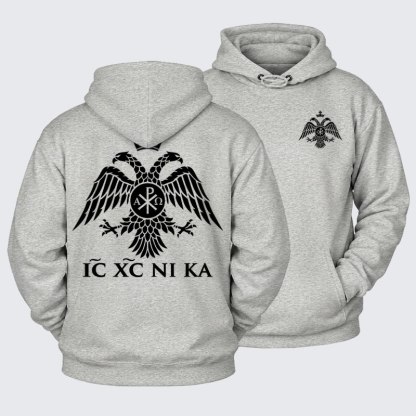 Plush Fleece-Lined Hoodie - IC XC NIKA – Chi-Rho Double-Headed Eagle - Light Heather Gray (front and back)