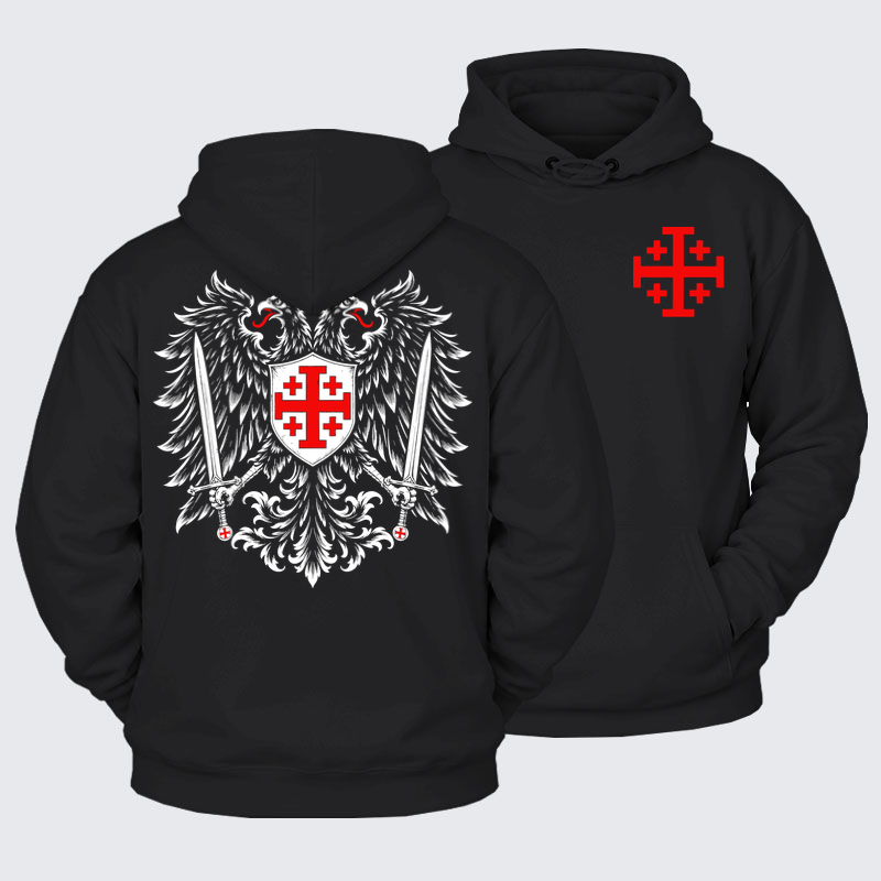 Plush Fleece-Lined Hoodie - Jerusalem Cross – Christian Double-Headed Eagle Warrior - Black