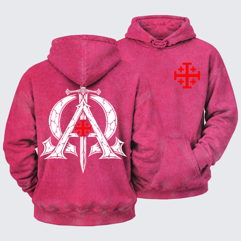Washed Hoodie - Alpha & Omega – Revelation 22:13 Christian Warrior - Pink (front and back)