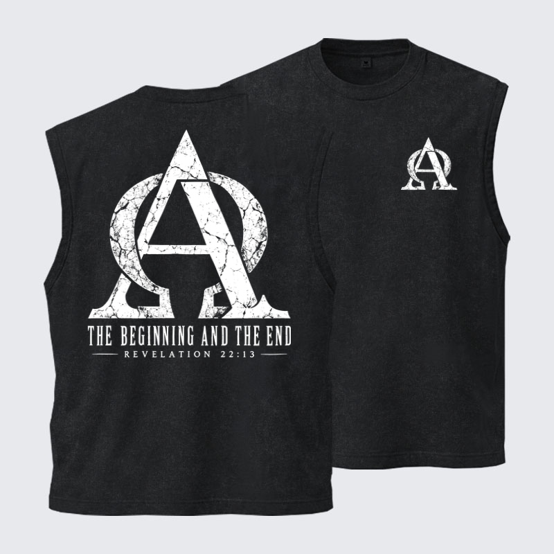 Washed Tank Top - Alpha & Omega – The Beginning and the End - Black (front and back)