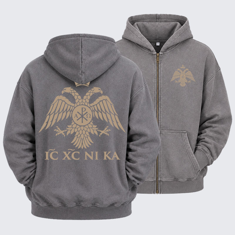 Washed Zip-Up Hoodie - IC XC NIKA – Chi-Rho Double-Headed Eagle - Grey (front and back)