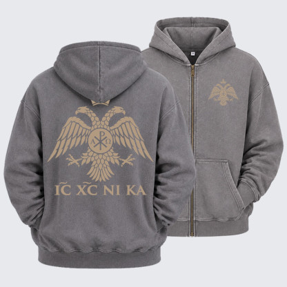 Washed Zip-Up Hoodie - IC XC NIKA – Chi-Rho Double-Headed Eagle - Grey (front and back)