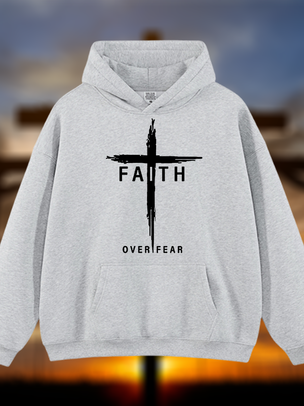 Faith Over Fear Cross Jesus God Christian Plush Fleece-Lined Hoodie