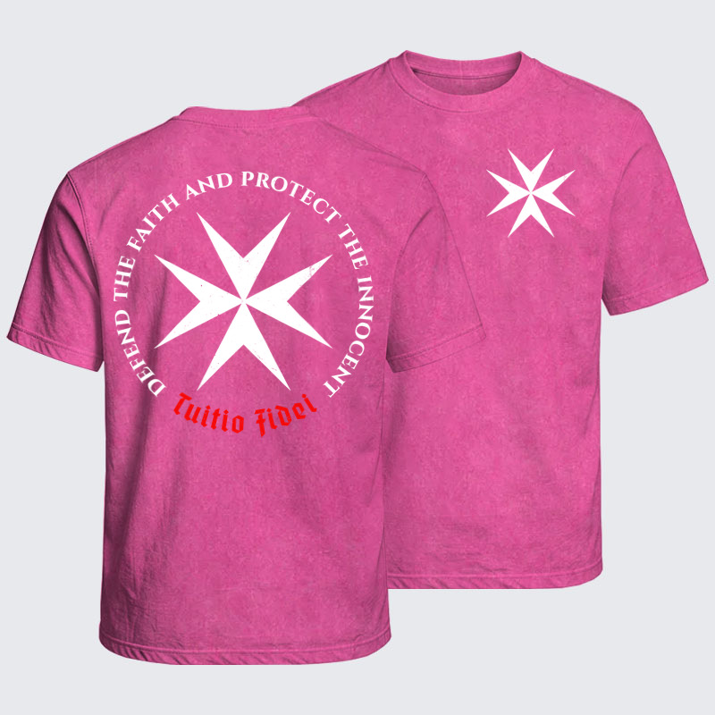 Washed T-Shirt - Defend the Faith, Protect the Innocent Christian Knighti – Tuitio Fide - Pink (front and back)