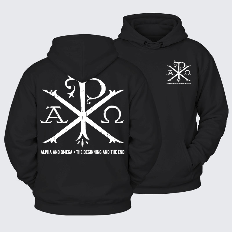 Plush Fleece-Lined Hoodie - Alpha And Omega - Black (front and back)