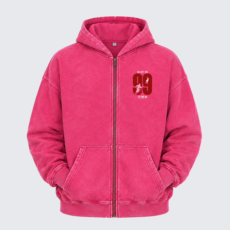 Washed Zip-Up Hoodie - He Left The 99 To Find Me - Pink (front)