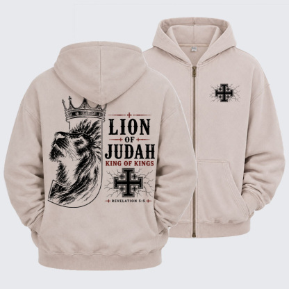 Washed Zip-Up Hoodie - Lion of Judah - Beige (front and back)