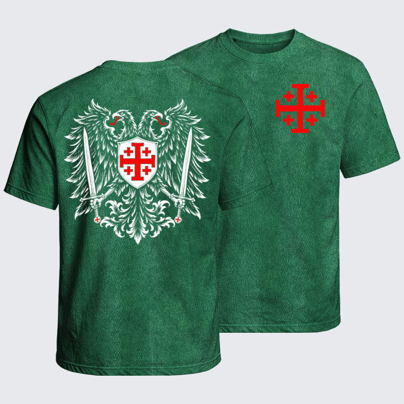 Washed T-Shirt - Jerusalem Cross – Christian Double-Headed Eagle Warrior - Grass Green (front and back)