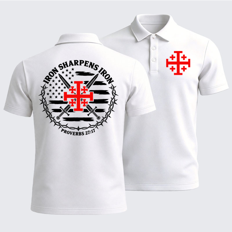 Men’s Premium Cotton Polo Shirt - Iron Sharpens Iron – Jerusalem Cross & American Flag - White (front and back)