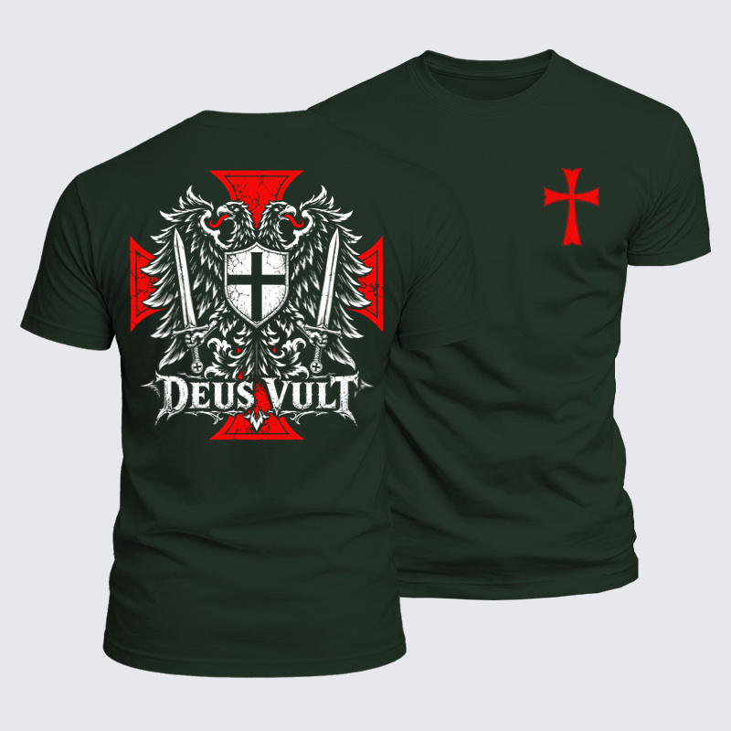 Luxe Mercerized Cotton Tee -Deus Vult – Medieval Christian Double-Headed Eagle