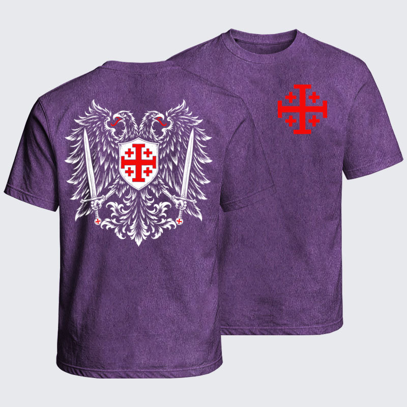 Washed T-Shirt - Jerusalem Cross – Christian Double-Headed Eagle Warrior - Purple (front and back)