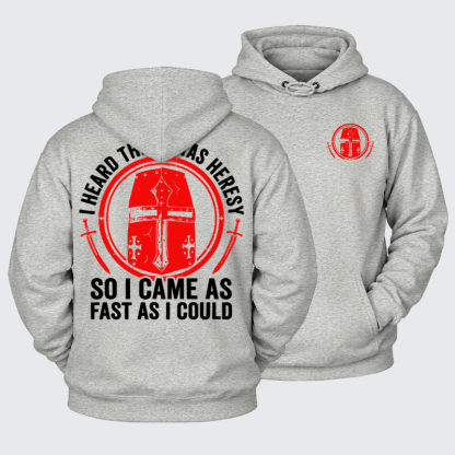 Plush Fleece-Lined Hoodie - I Heard There Was Heresy. So I Came As Fast As I Could Crusader Joke - Light Heather Gray (front and back)