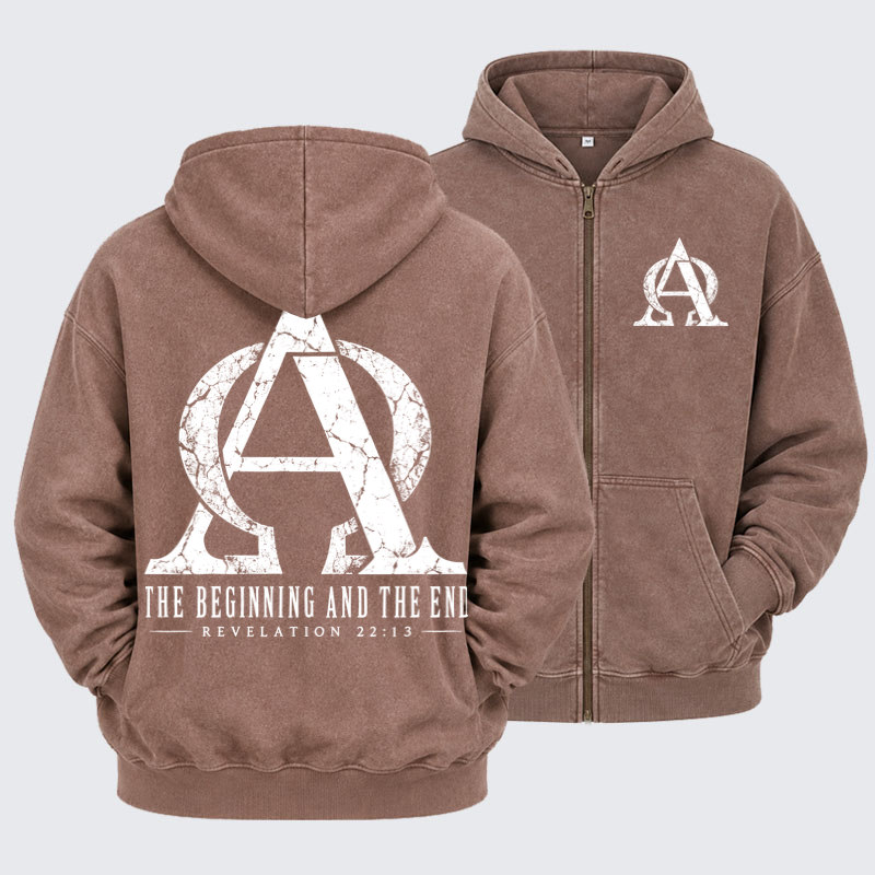 Washed Zip-Up Hoodie - Alpha & Omega – The Beginning and the End - Coffee (front and back)