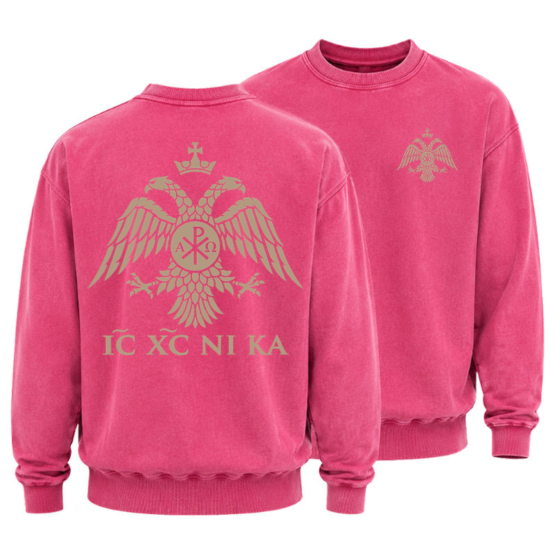 Washed Sweatshirt - IC XC NIKA – Chi-Rho Double-Headed Eagle - Pink (front and back)